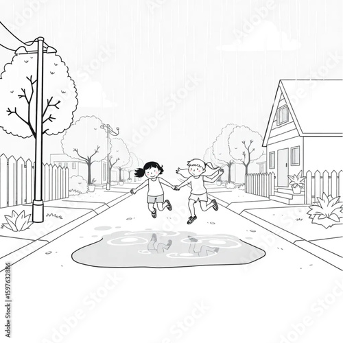 Siblings jumping over puddles during a summer rainstorm on a quiet street