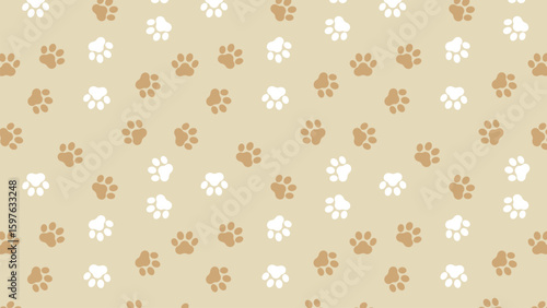 Seamless beige and white paw print pattern on tan background. Cute dog and cat footprints, perfect for pet fabric, kids’ decor, nursery designs, wrapping paper, and animal-themed digital projects