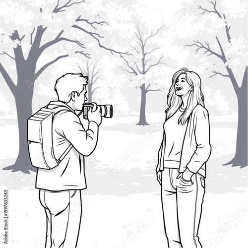 A portrait photographer directing a laughing model in a sunny park