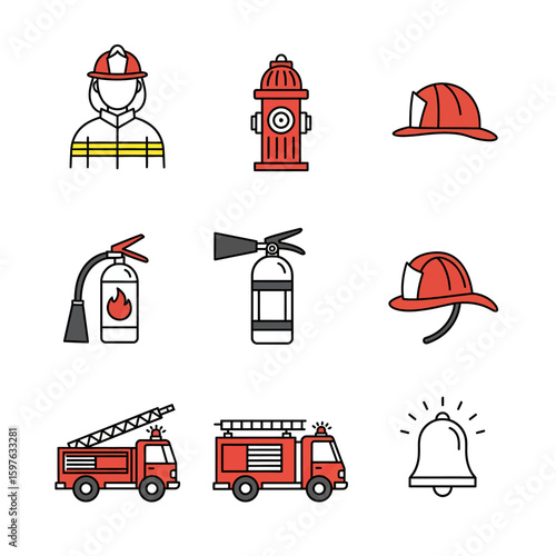 Collection of flat design icons representing firefighters, fire trucks, safety equipment, and emergency services for graphic design.