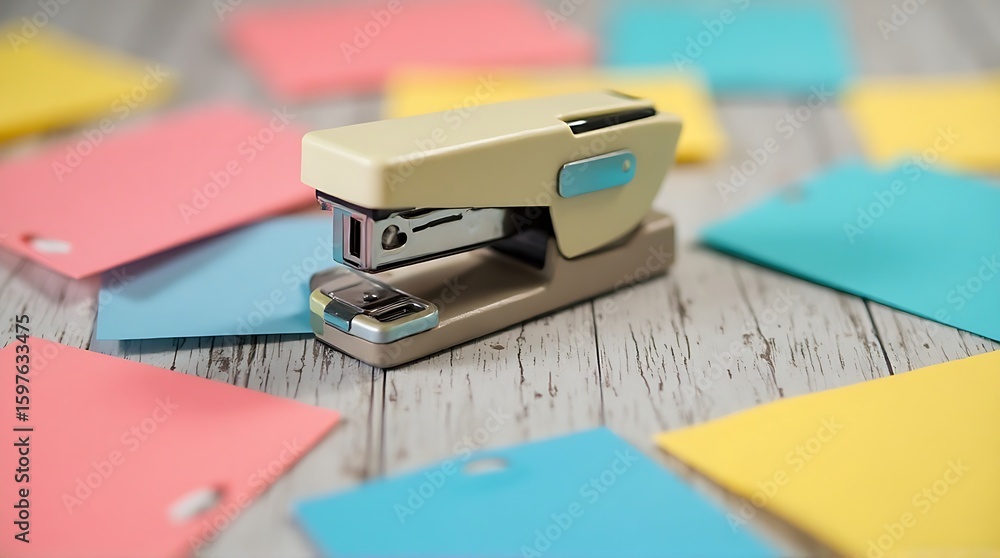 Fototapeta premium A close-up shot of a stapler resting on colorful sticky notes, scattered.