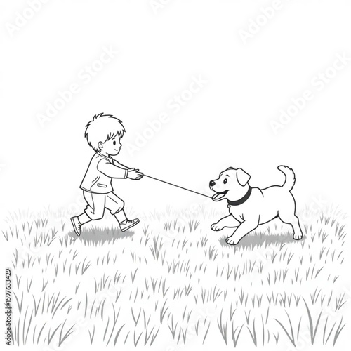 A child and puppy playing fetch on dew-covered grass