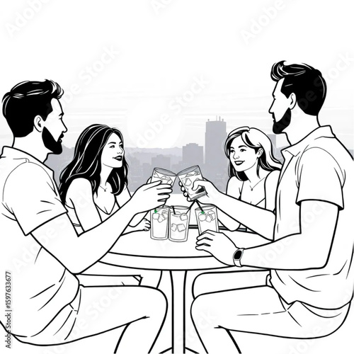 Friends clinking iced drinks at a rooftop celebration as the sun sets