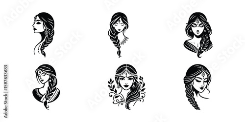 Black & White Line Art of Women with Braided Hair: Elegant Vector Illustrations for Beauty, Fashion, and Tattoo Design Inspiration