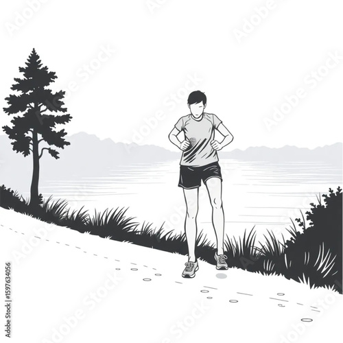 A runner pausing at sunrise to tie shoelaces by a riverside track