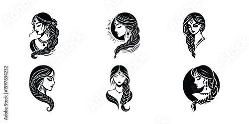 Black & White Line Art: Elegant Woman Portraits with Braids, Bohemian Style Illustrations for Logo Design & Beauty Branding