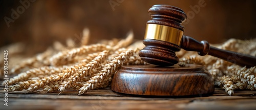 A wooden judges gavel resting on wheat ears against a rustic backdrop, symbolizing agricultural law and food regulations