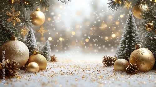 Elegant christmas scene with golden ornaments snowfall and festive pine tree decorations