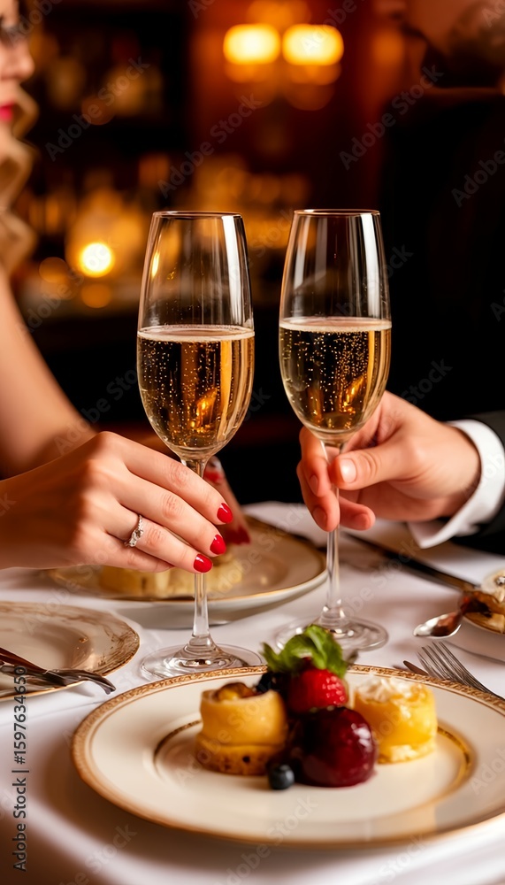 Obraz premium Two Hands Holding Champagne Glasses in a Romantic, Candlelit Dining Setting