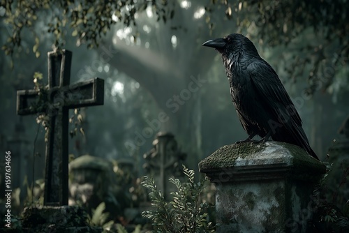 Black raven perched on mossy stone in misty graveyard