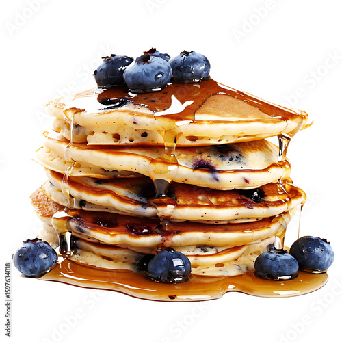 Stack of Blueberry Pancakes Topped with Syrup and Fresh Berries