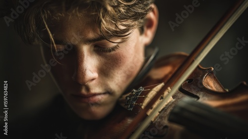 Intense concentration: Young man playing the violin with closed eyes emotion