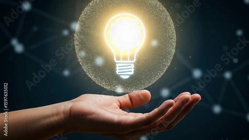 Businessman presenting a lightbulb with a brain hologram, symbolizing creative intelligence and innovative thinking on a futuristic blue bokeh background.

