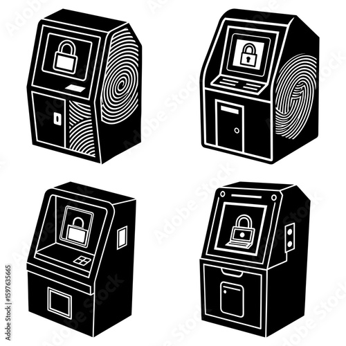 Four black and white illustrations of atm machines with fingerprint and lock screen security feature