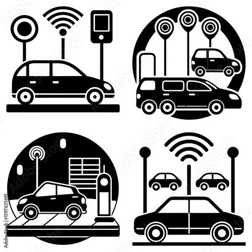 Four panels showing autonomous vehicles with wireless signals and charging stations in black and white style