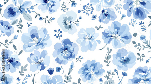 Watercolor background pattern blue flowers on white background
