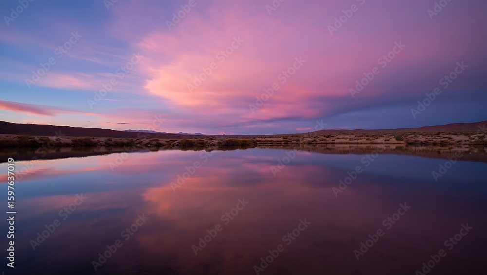 Tranquil Lakeside View Reflecting Stunning Pink and Purple Sunset Skies over Desert Landscape Serene Nature Scene Tranquil Lakeside View Reflecting Stunning Pink and Purple Sunset Skies over Desert Landscape Serene Nature Scene