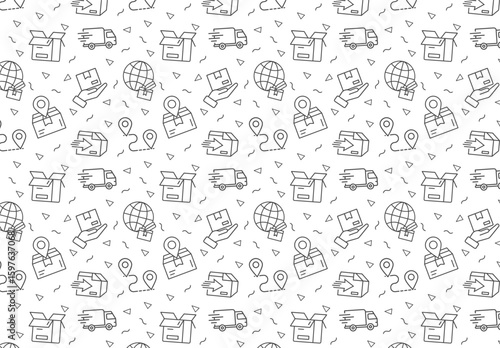 Seamless Delivery and Logistics Pattern -Thin Line Icons of Parcel, Package, Shipping Box, Tracking, Map Pointer, Hand Courier, Delivery Truck, Worldwide Global Shipping – Monochrome Vector Background