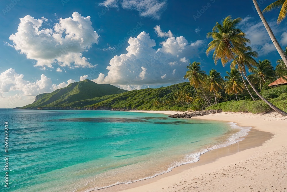 Obraz premium Stunning Sandy Bay with Lush Palms and Crystal Clear Teal Waters on a Caribbean Peninsula