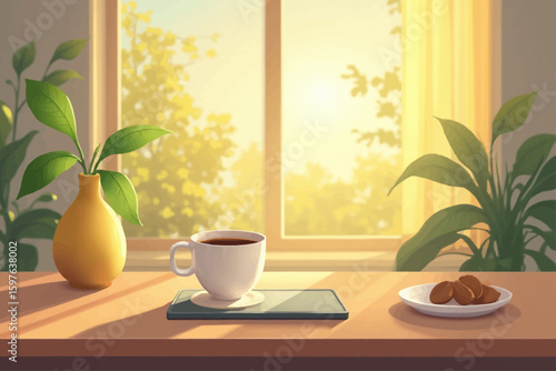 A sunny morning scene of a windowsill with coffee, cookies, and plants.