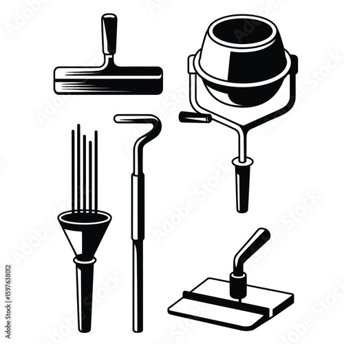 Black and white vector bundle of concrete work tools including float, edger, mixer, rebar cutter, and screed