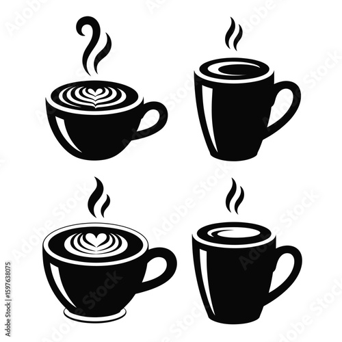 Black and white vector bundle of different coffee cups including latte, cappuccino, espresso, and americano