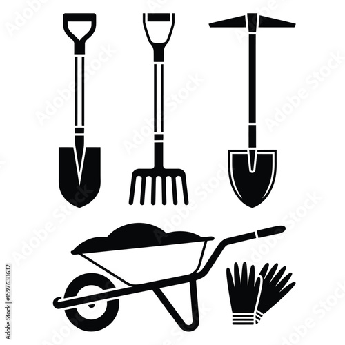 Black and white vector bundle of garden construction tools including shovel, hoe, pickaxe, wheelbarrow, and gloves