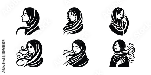 Hijab Fashion Vector Icons: Elegant Muslim Women in Traditional Headscarves - Silhouette Style Illustration for Islamic Culture & Design