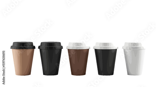 Five assorted disposable coffee cups with lids arranged in a row, showcasing different colors and designs perfect for branding or product display.