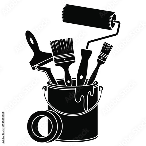 Black and white vector bundle of painting tools with paint roller, brush, bucket, scraper, and masking tape for decorating or renovation