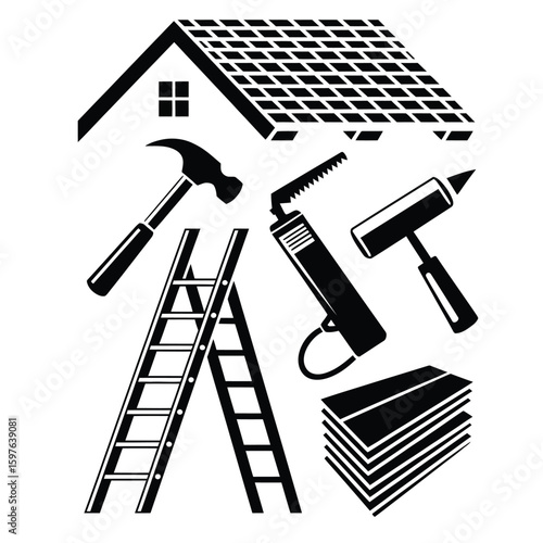 Black and white vector bundle of roofing tools including roofing hammer, utility knife, sealant gun, ladder, and shingles