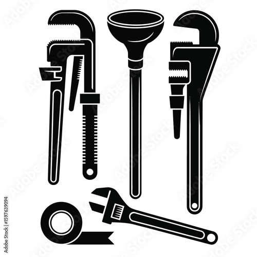Black and white vector bundle of plumbing tools including pipe wrench, plunger, pipe cutter, adjustable wrench, and teflon tape