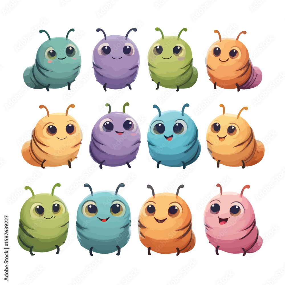 Fototapeta premium Collection of adorable, smiling cartoon caterpillars in various bright colors, presented in a grid format, perfect for children's content and educational materials.