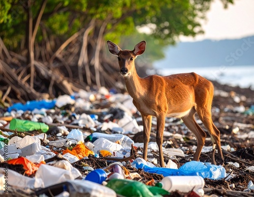 Wild animal  standing among plastic waste and litter