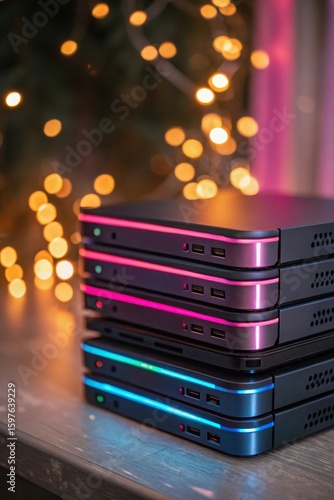 A stack of colorful mini computers with bokeh lights in the background on a wooden surface