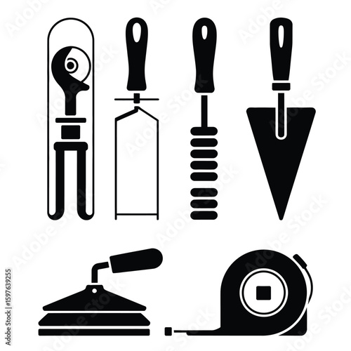 Black and white vector bundle of tiling tools including tile cutter, spacers, trowel, grout float, and measuring tape