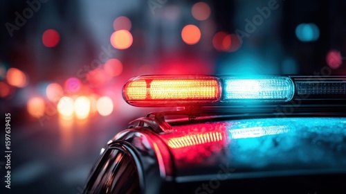 A close-up shot of a police car's emergency lights illuminating the night, creating a dramatic and urgent scene with blurred city lights.