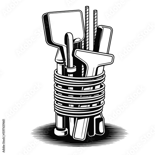 Black and white vector illustration of a bundled concrete work tools set with float, edger, mixer, rebar cutter, and screed