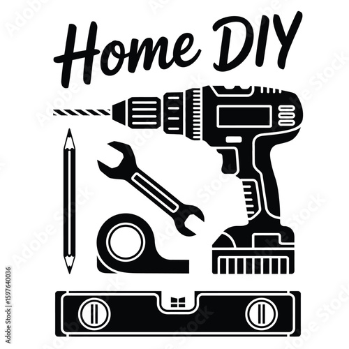 Black and white vector illustration of home DIY tools set including drill machine, wrench, tape, pencil, and level