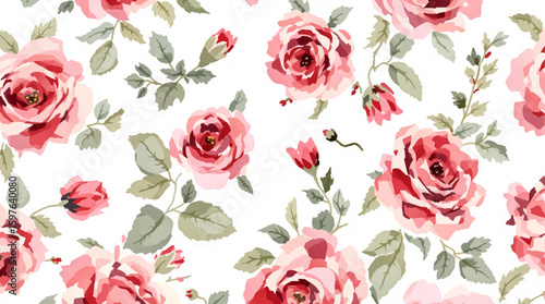 Watercolor background pattern Red rose flowers on white background
