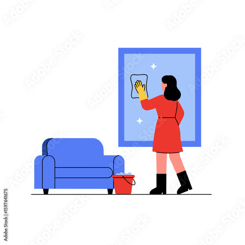 Woman in Red Dress Cleaning Window with Yellow Glove