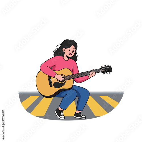 Young Woman Playing Acoustic Guitar, Happy Expression, Casual Pose