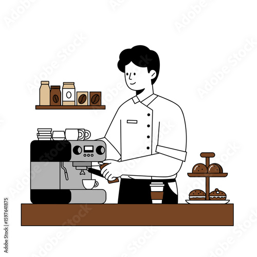 Barista in White Uniform Operating Espresso Machine