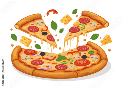 Delicious pepperoni pizza with melted cheese and toppings  on transparent background