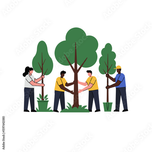 Diverse Group Planting Saplings and a Large Tree, Environmental Teamwork