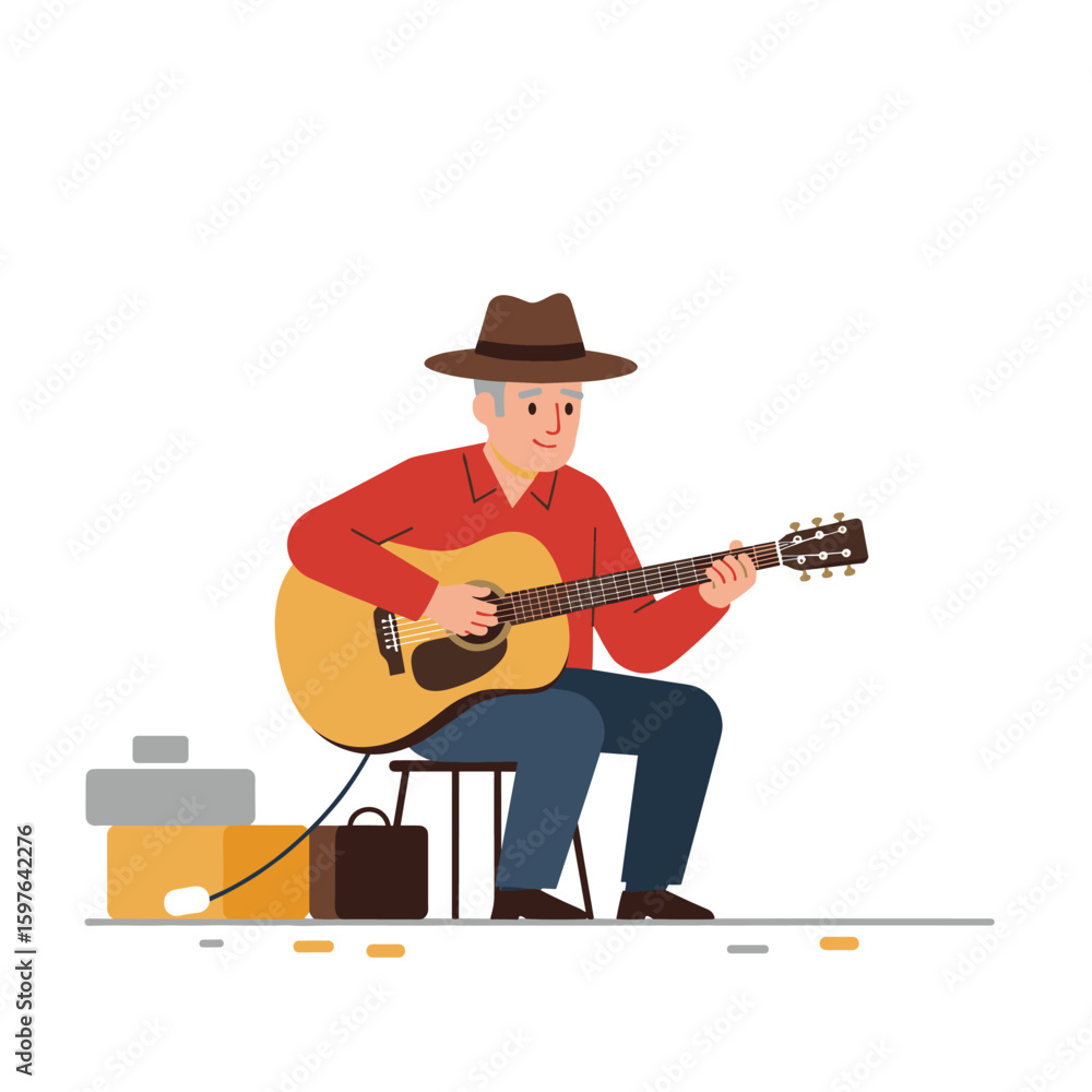 Obraz premium Elderly Man in Brown Hat Playing Acoustic Guitar