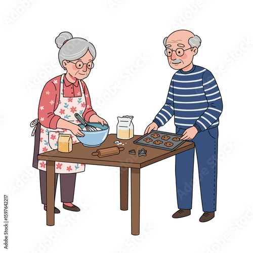 Elderly Couple Baking Cookies Together: A whimsical illustration of a senior woman mixing batter in a bowl and a senior man holding a baking tray of freshly bak