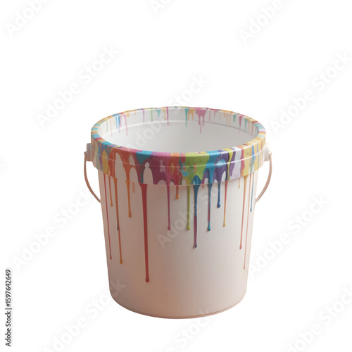 plastic bucket with colorful paint drops