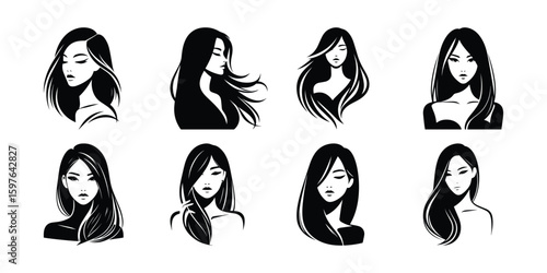 Black and White Vector Illustrations of Women with Long Hair: Beauty, Fashion, Hairstyle, and Portrait Graphics for Design Resources