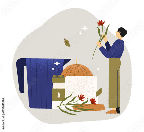 Creative woman adding dried flowers to homemade candle using essential oils, wax and natural ingredients. Lifestyle, floristry and hobby. Flat vector illustration